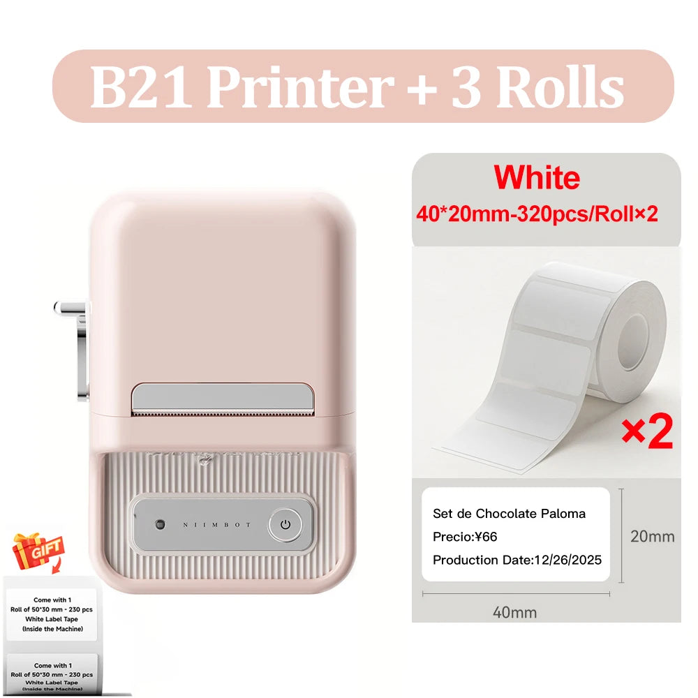B21 Wireless Inkless Barcode Label Printer for Tag and Note Printing, Compatible with 20mm - 50mm Labels
