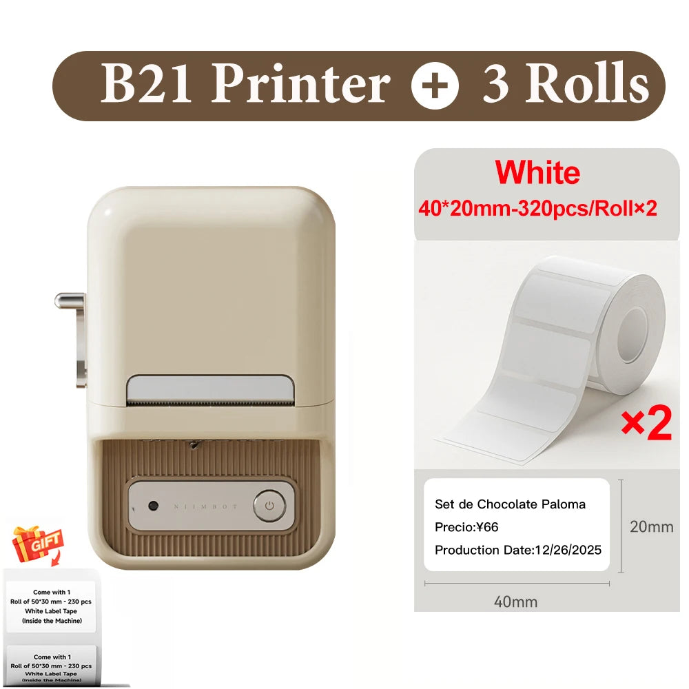 B21 Wireless Inkless Barcode Label Printer for Tag and Note Printing, Compatible with 20mm - 50mm Labels