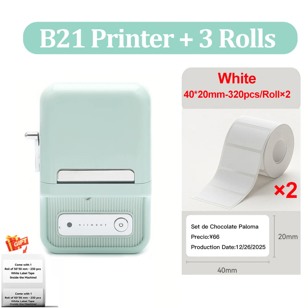 B21 Wireless Inkless Barcode Label Printer for Tag and Note Printing, Compatible with 20mm - 50mm Labels